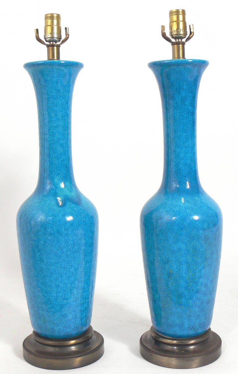 Pair of Turquoise Blue Asian Form Ceramic Lamps