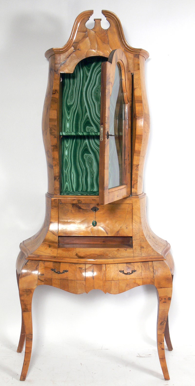 Italian Burl Wood Secretary Cabinet with Malachite Interior In Good Condition In Atlanta, GA