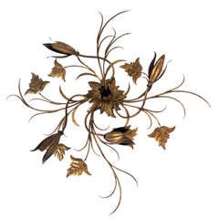 French Gilt Metal Floriform Flush Mount Light Fixture or Chandelier