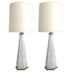 Pair of White Ceramic Pagoda Lamps by Lightolier