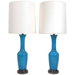 Pair of Turquoise Blue Asian Form Ceramic Lamps