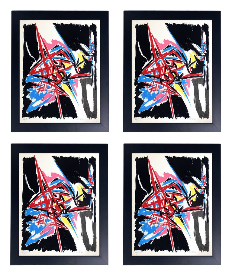 Vibrant Abstract Color Lithograph #1 by Angelo Savelli, Italian, 1991-1995. Color lithograph executed on thick paper. Pencil signed and numbered by the artist. Framed in a simple, clean lined black lacquered wooden gallery frame. Savelli lived in