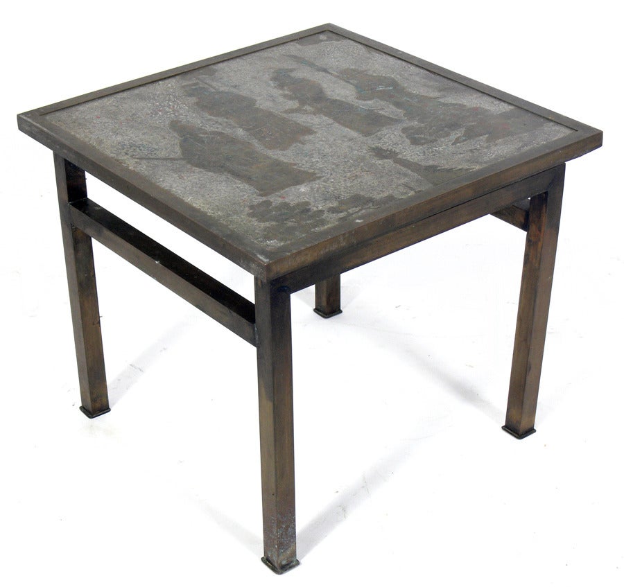 Asian Influenced Bronze Side Table, made by Philip and Kelvin LaVerne, American, circa 1960's. Signed at the lower right. This piece is a versatile size and can be used as an end or side table, or as a night stand.