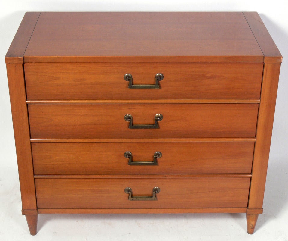 Pair of Elegant Modern Chests, American, circa 1950's. They are currently being refinished and can be completed in your choice of color. The price noted below INCLUDES refinishing in your choice of color.