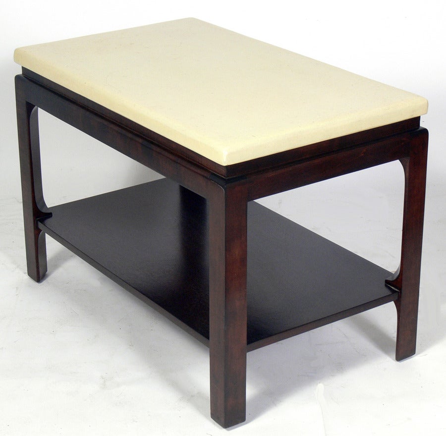 Lacquered Cork Top End Table, designed by Paul Frankl for Johnson Furniture, circa 1950's. The clean lined form of this table exhibits the Asian influences seen in many of Frankl's designs from this period. It has an ivory color lacquered cork top,