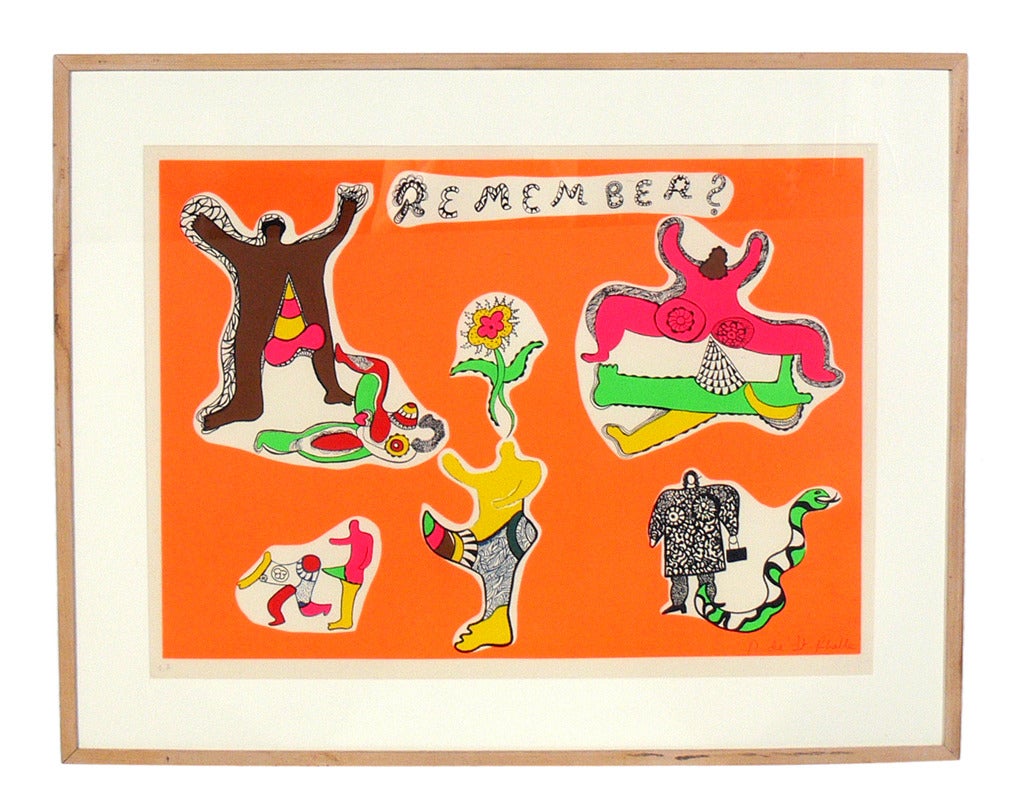 Selection of Colorful Modern Lithographs by Niki de Saint Phalle, French, circa 1970's. Both gallery framed. From top to bottom, they are:
1) The lithograph pictured on top is entitled 