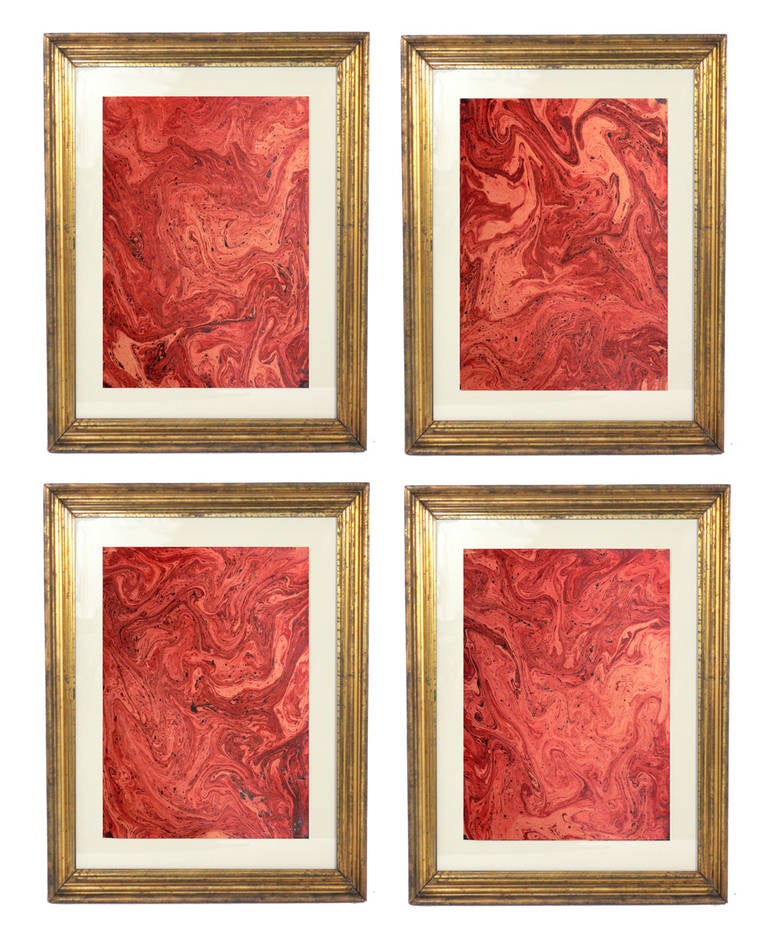 Collection of 19th Century Hand Painted Marbleized Paper in Deep Oxblood Reds, American, circa 19th Century. Traditionally used as bookbinding endpapers on fine leather books of the 19th Century, these hand painted works have an abstract modern feel