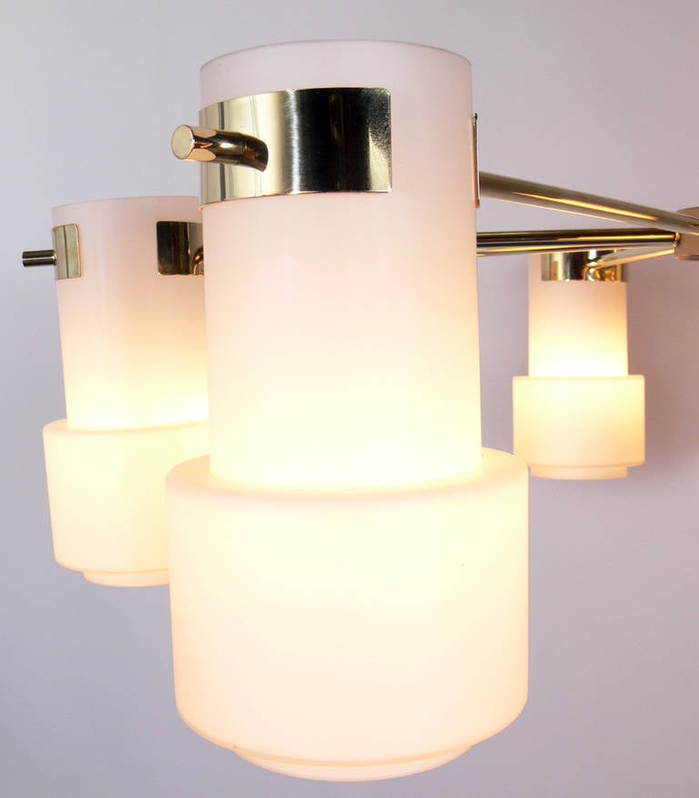 Mid-Century Modern Modernist Brass and White Glass Chandelier For Sale