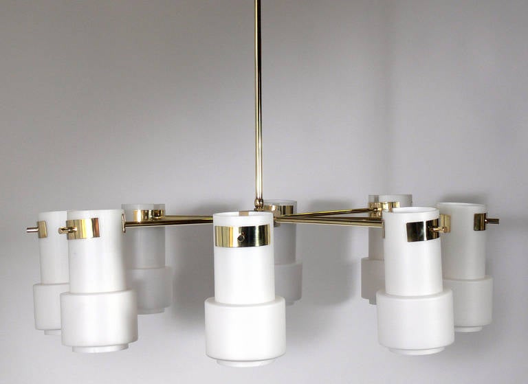 Italian Modernist Brass and White Glass Chandelier For Sale