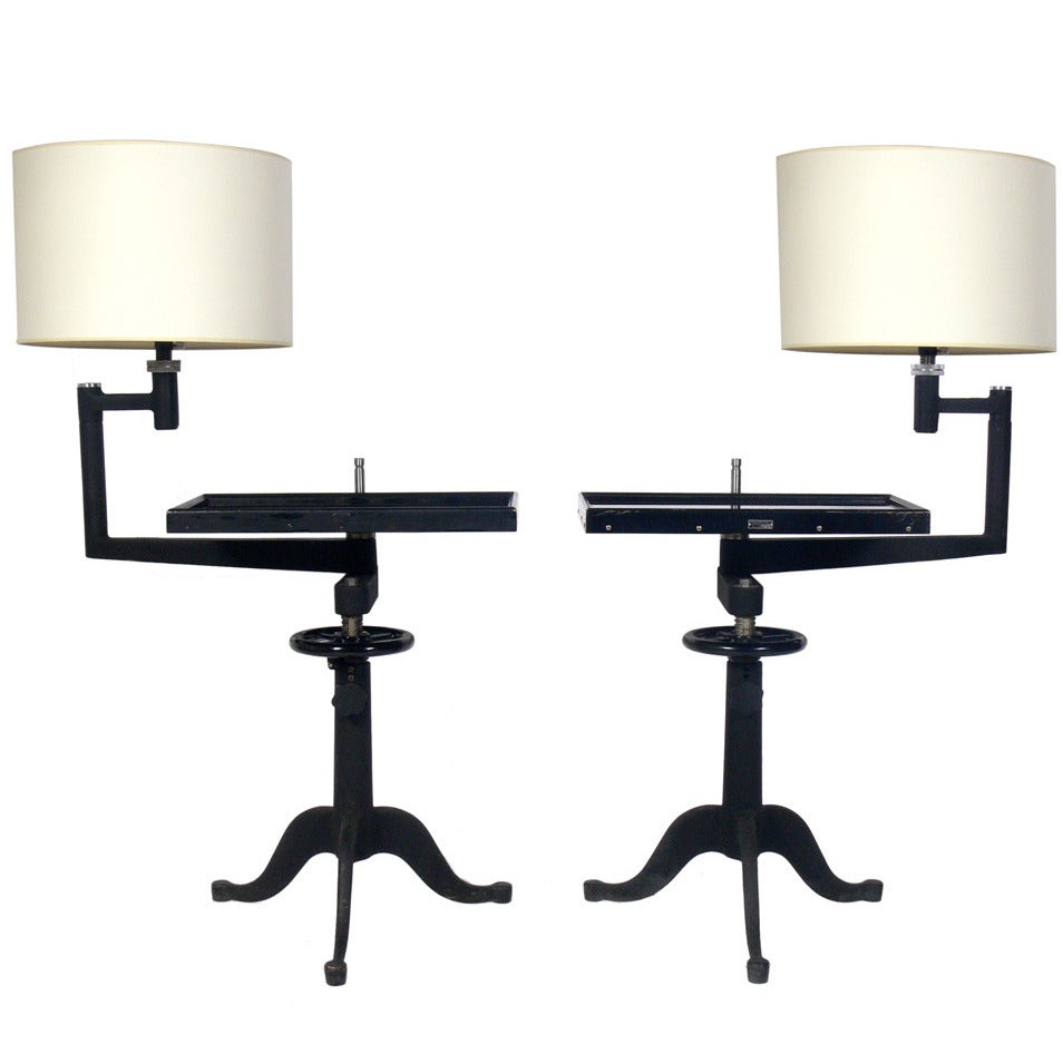 Pair of Industrial End Tables or Night Stand Lamps by Bausch & Lomb