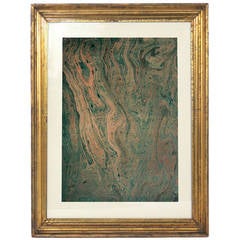 Collection of 19th Century Hand Painted Marbleized Paper in Greens and Brown