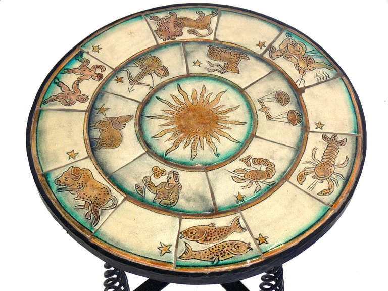 Zodiac Tile Table with Iron Base, circa 1920's.