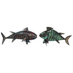 Paire de sculptures de poissons articulés par Graziella Laffi