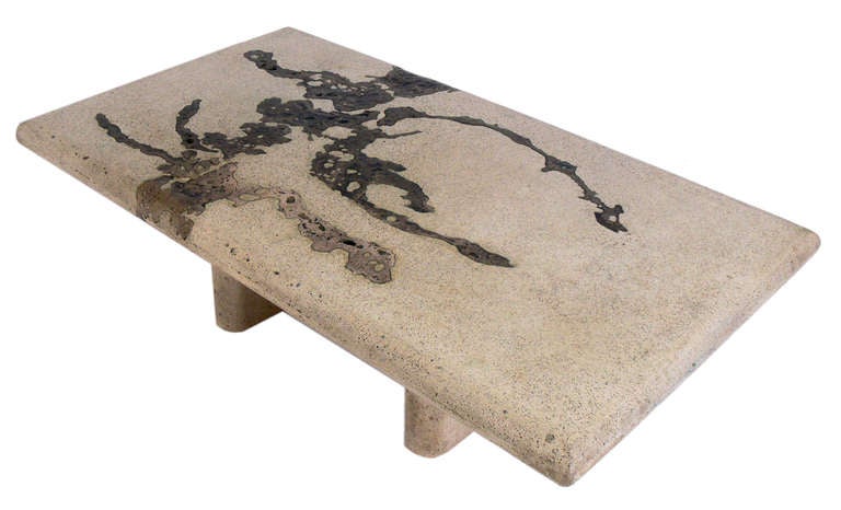 Sculptural Bronze and Concrete Coffee Table by Silas Seandel, American, circa 1970's. Hand made by Silas Seandel, this unique coffee table is executed in cast concrete with inset bronze. Signed by the artist within the bronze.