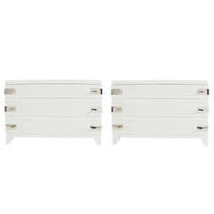 Pair of Low Slung Modernist Chests in White Lacquer with Nickel Hardware