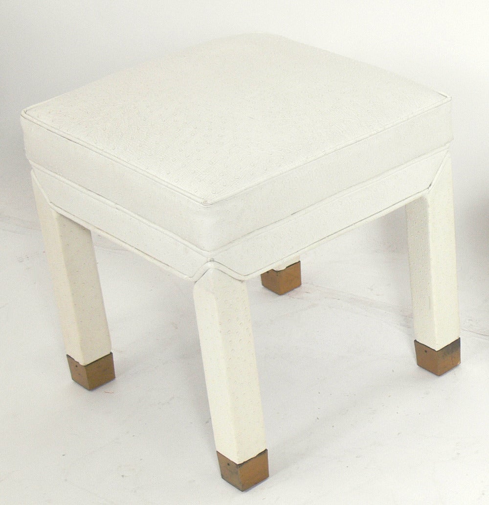 Pair of CleanLined Upholstered Stools with Brass Feet at 1stDibs