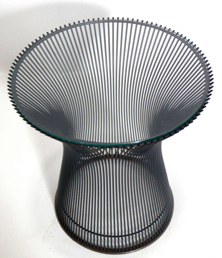 Modernist Side Table, designed by Warren Platner for Knoll, circa 1970's. This table retains the original black bronze finish and original glass top. It is a versatile size and would work well as a side or end table, or as a night stand or cocktail
