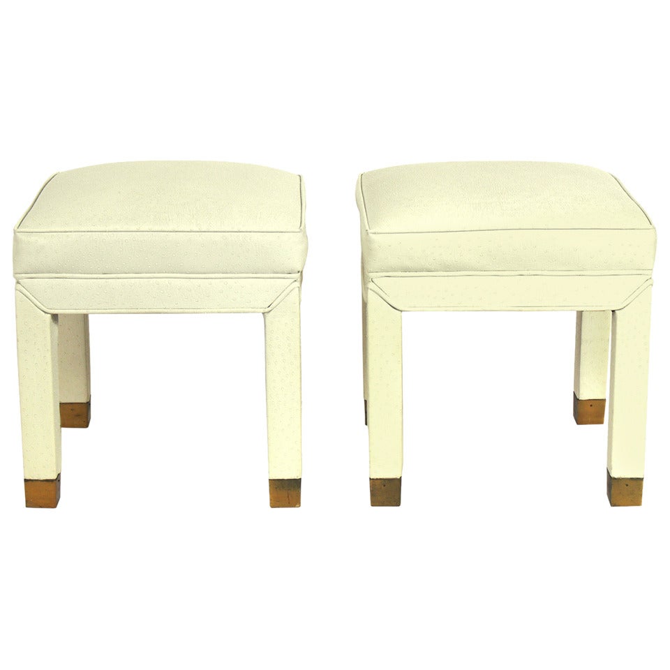 Pair of CleanLined Upholstered Stools with Brass Feet at 1stDibs