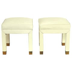 Pair of Clean-Lined Upholstered Stools with Brass Feet