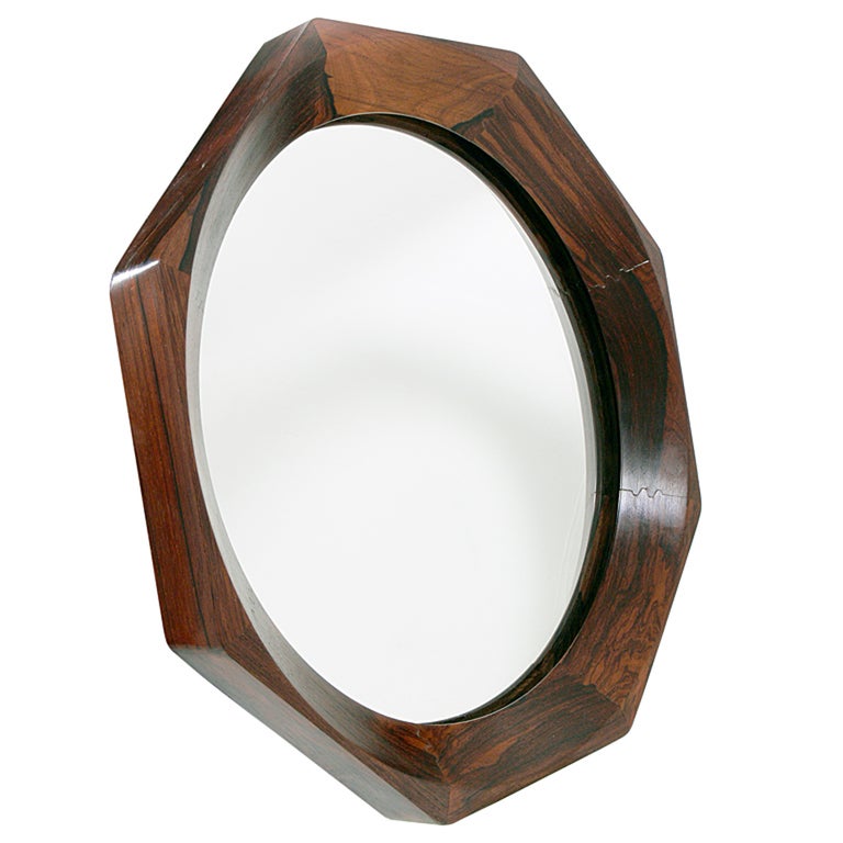 Danish Modern Rosewood Octagonal Mirror, Denmark, circa 1960's. Elegant, clean lined design with interesting joinery and wonderful graining to the rosewood. Marked on reverse 