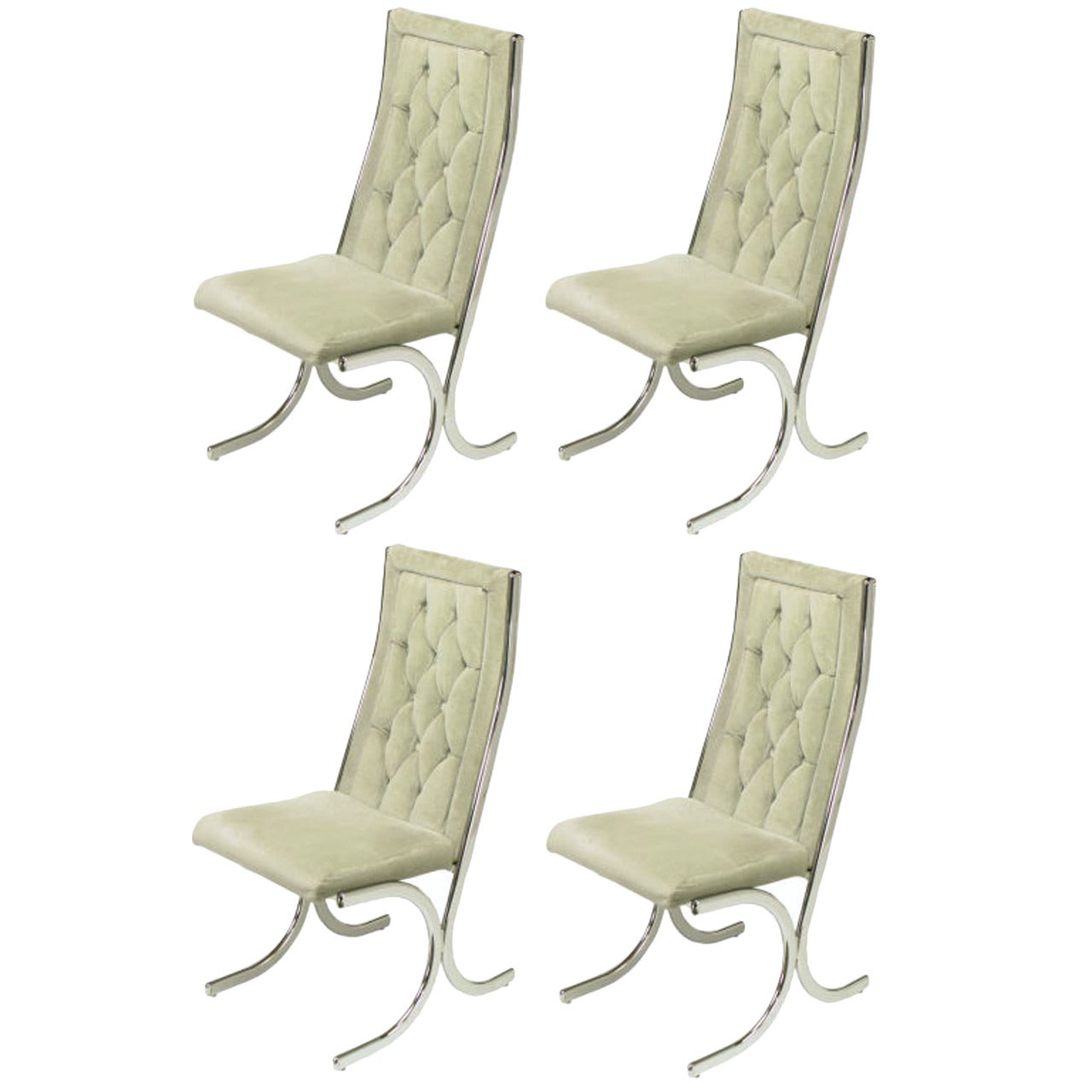 Four Howell Chrome & Gray Velvet Cantilevered Dining Chairs