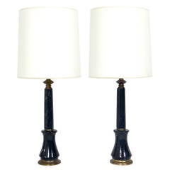 Pair of Elegant Black Marble and Brass Column Lamps