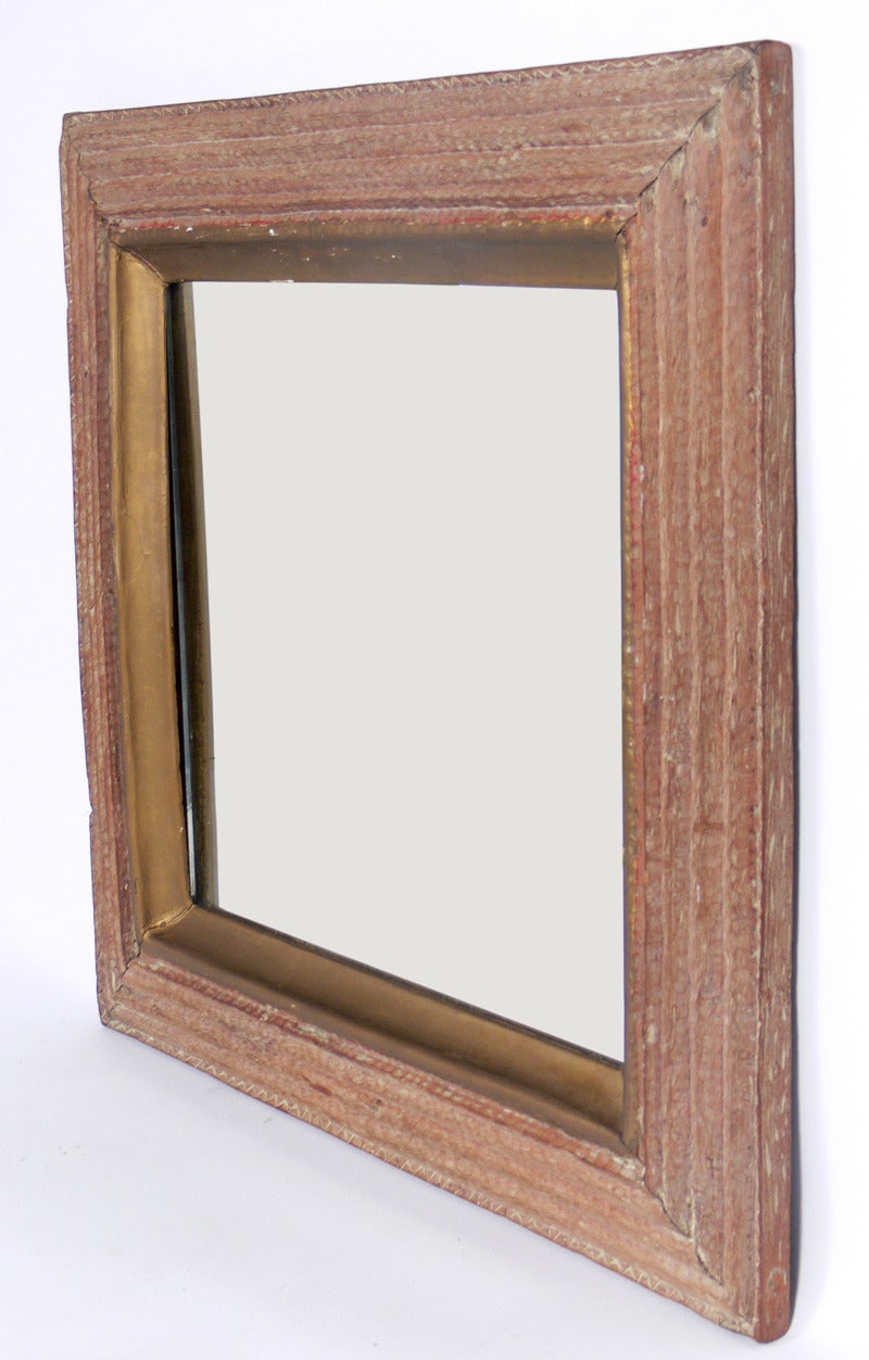 Hand Carved Square Wood Mirror, probably American, circa 1930's. It retains it's warm original patina and would fit seamlessly into a wide range of interiors, from rustic to modern.
