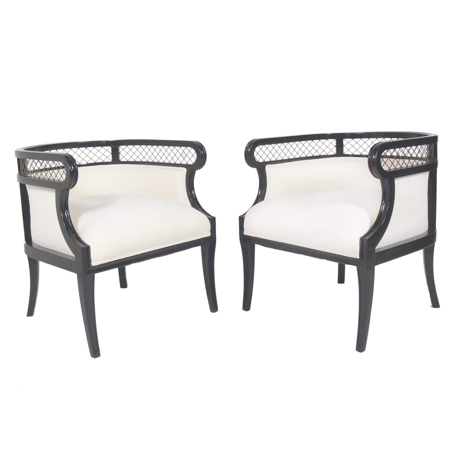 Pair of 1940's Tub Chairs with Brass Lattice Backs