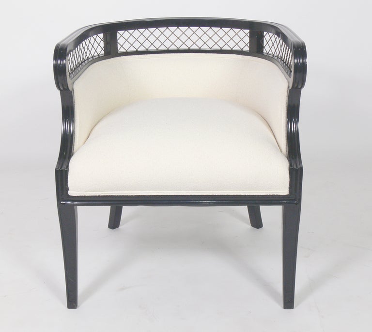 Hollywood Regency Pair of 1940's Tub Chairs with Brass Lattice Backs