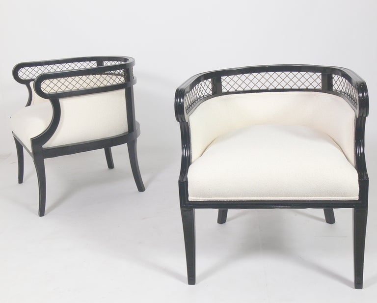 American Pair of 1940's Tub Chairs with Brass Lattice Backs