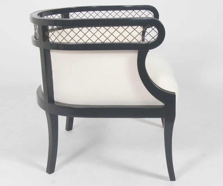 Pair of 1940's Tub Chairs with Brass Lattice Backs In Excellent Condition In Atlanta, GA