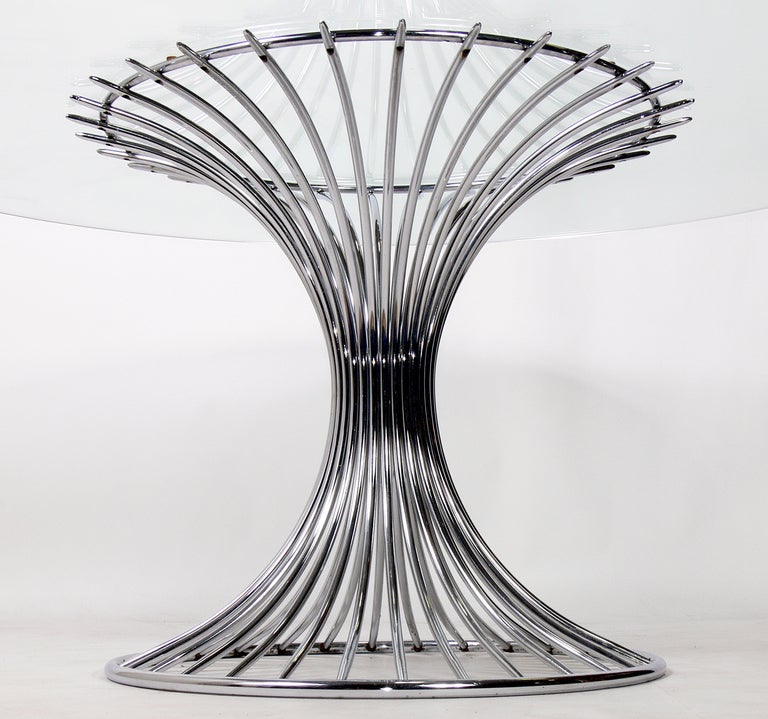 Sculptural Chrome Dining Table Base in the manner of Warren Platner, American, circa 1960's. Please note that this listing does NOT include the glass top, which will be less expensive to purchase on your end. For your reference, the glass shown in