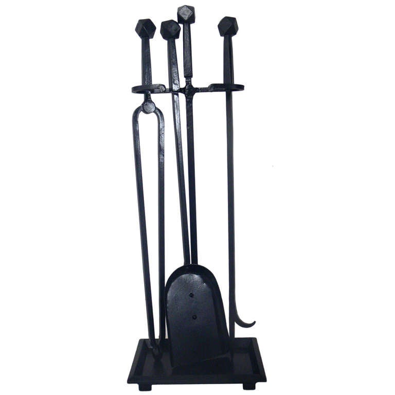 Set of Iron Fire Tools with Geometric Handles at 1stDibs