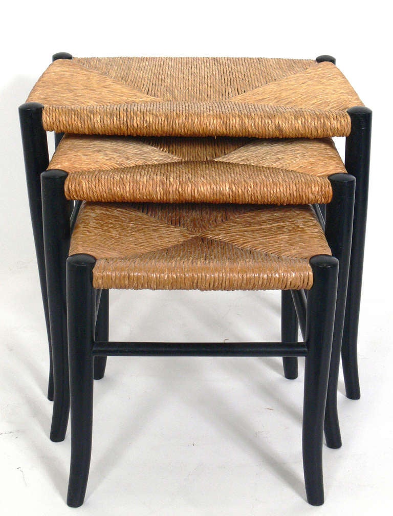 Set of Italian Rush Nesting Stools, in the manner of Gio Ponti, Italy, circa 1950's.