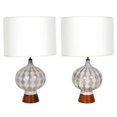 Pair of Mid Century Modern Ceramic and Walnut Lamps