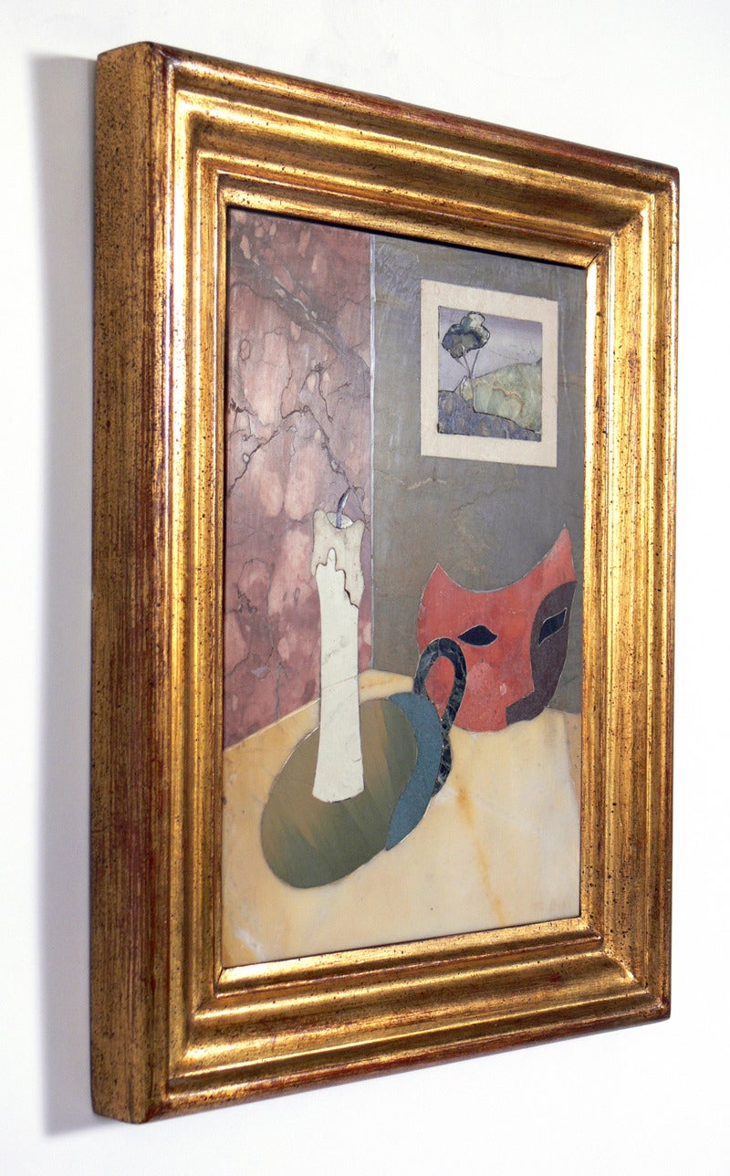 Outstanding Pietra Dura Still Life Plaque, hand made for the esteemed firm Ugolini of Firenze, Italy, circa 1950's. The plaque is hand signed by the artist that created the work, M. Bini. Pietra dura is a term for the inlay technique of using cut