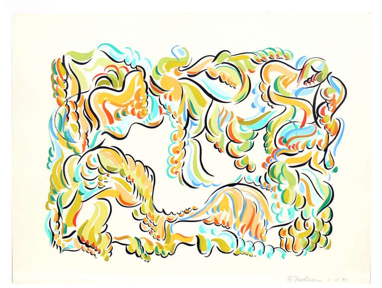 Groupe de quatre peintures aux couleurs modernes et éclatantes de Betsy Friedman, américaine, vers les années 1990. Ces œuvres ont été achetées à l'origine à la Mary Delahoyd Gallery, New York, NY. Le prix indiqué ci-dessous est celui du groupe de