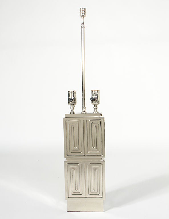 Incredible Pair of Nickel Plated 1940's Lamps - Greek Key Design In Good Condition In Atlanta, GA