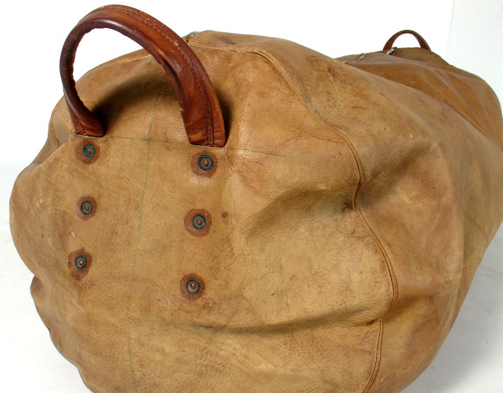 20th Century Large 1920's Leather Gym Bag with Great Patina and Graphics