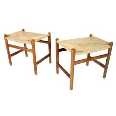 Vintage Pair of Hans Wegner Stools in Teak with Papercord Seats