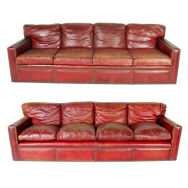 1940's Oxblood Red Leather Sofa with Brass Nailheads