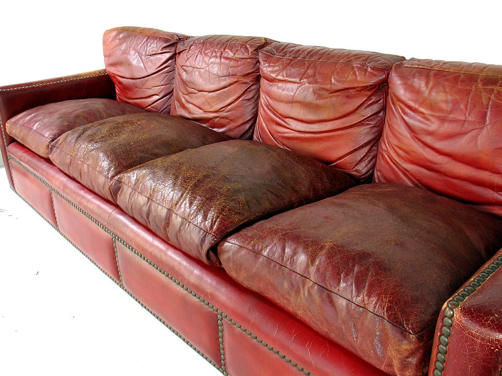 1940's Oxblood Red Leather Sofa with Brass Nailheads 6
