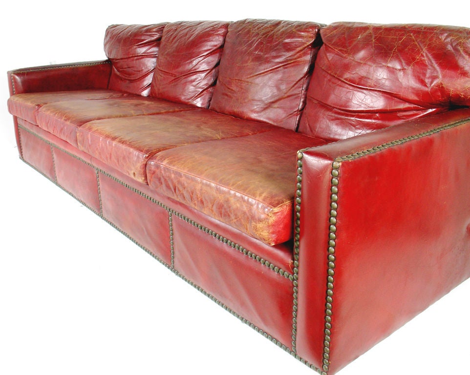 American 1940's Oxblood Red Leather Sofa with Brass Nailheads