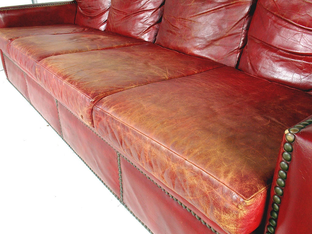 Mid-20th Century 1940's Oxblood Red Leather Sofa with Brass Nailheads
