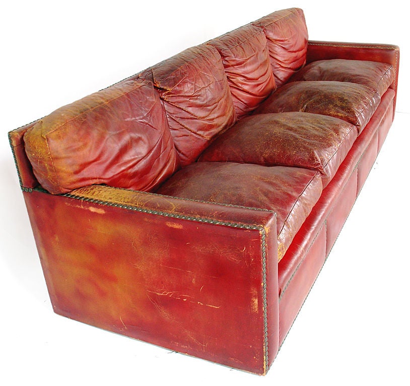 1940's Oxblood Red Leather Sofa with Brass Nailheads 3