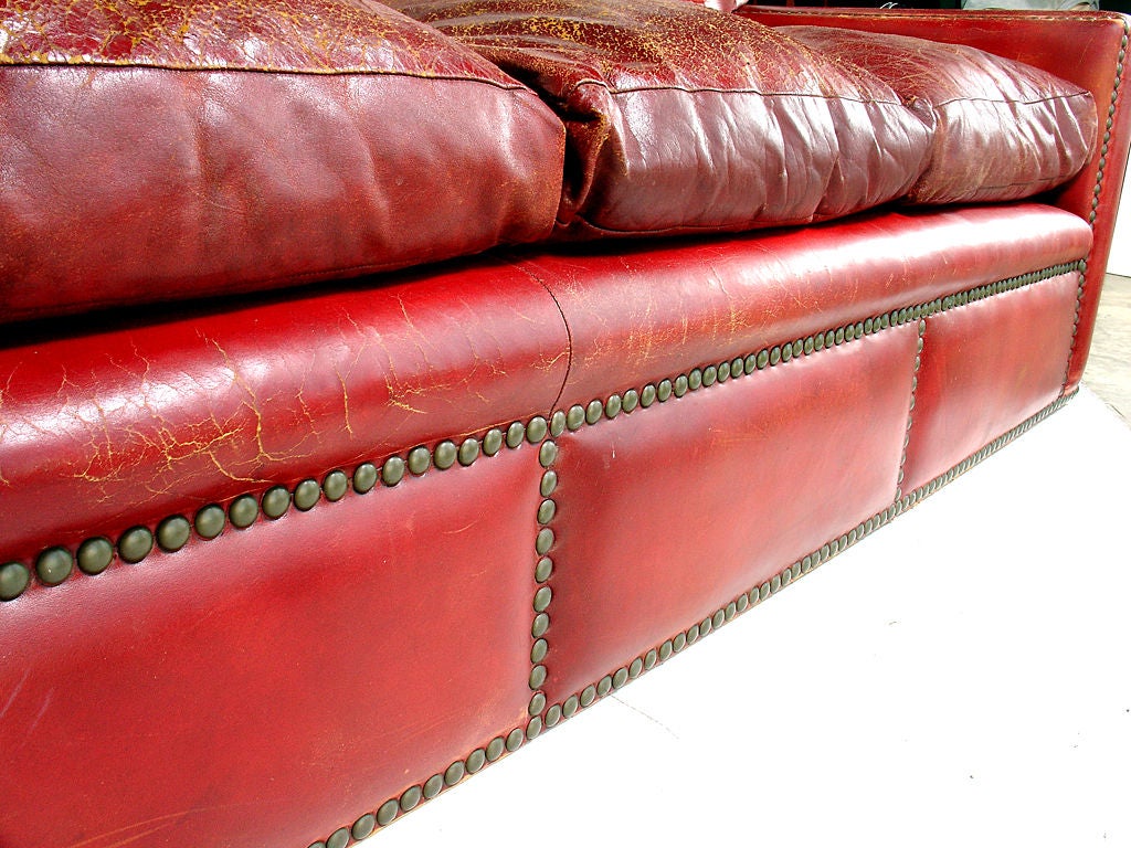 1940's Oxblood Red Leather Sofa with Brass Nailheads 4