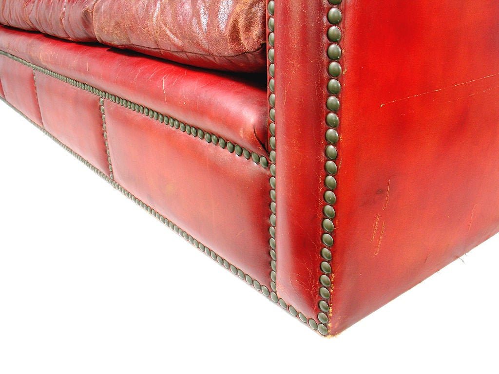 1940's Oxblood Red Leather Sofa with Brass Nailheads 5