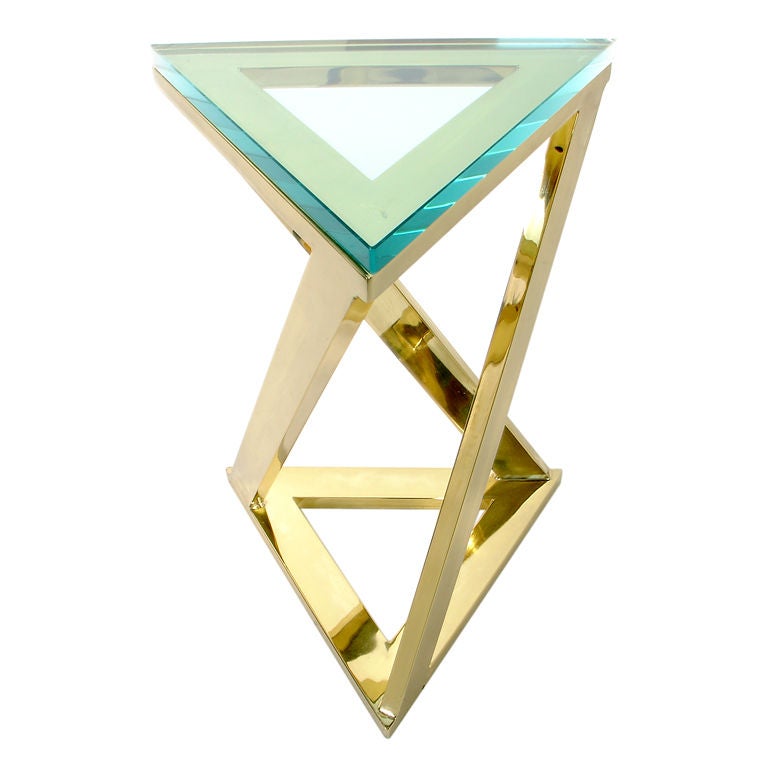 Triangular Brass Side Table With Glass Top