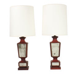 Pair of Chinese Red and Antiqued Mirrored Lamps