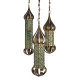 Vintage Set of Brass and Turquoise Pendant Fixtures by Pepe Mendoza